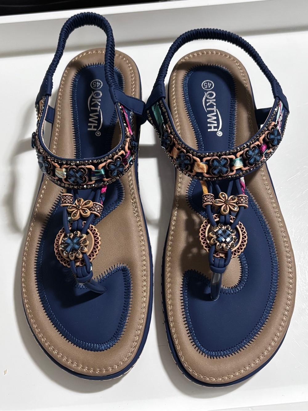 QKWH Women’s Embellished Thong Sandals Navy Blue Floral Beaded EU 45